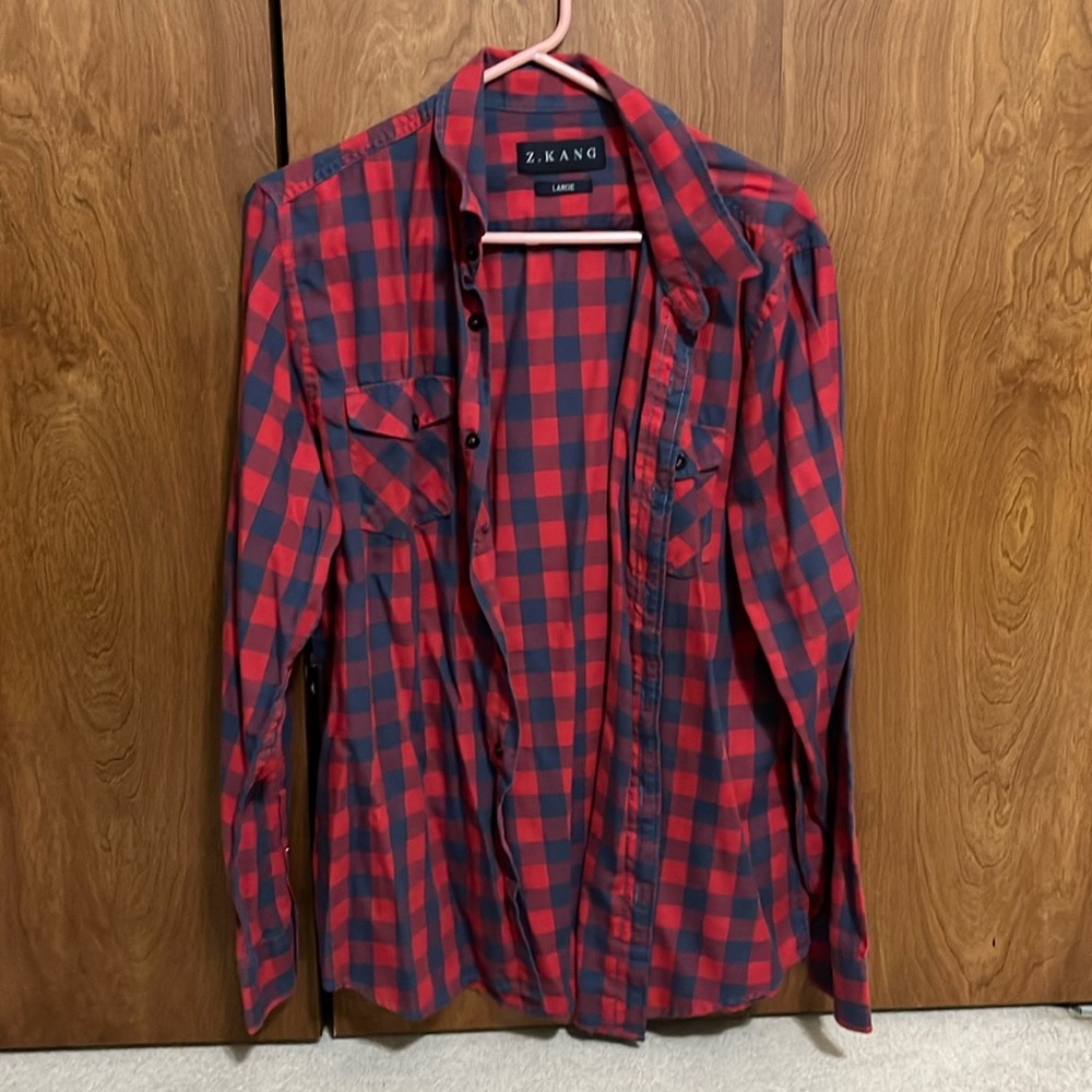 Z. Kang Button-Up Shirt, Red Plaid, Size Large